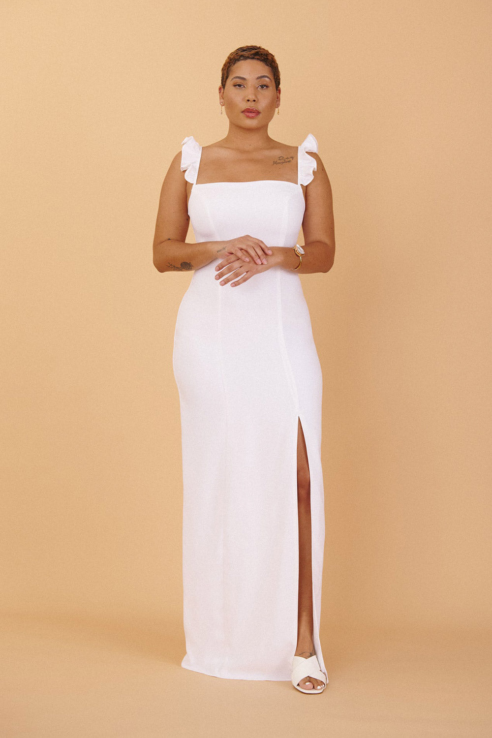 Mia White Maxi Dress w/ Ruffled Straps | Boudoir 1861 on model