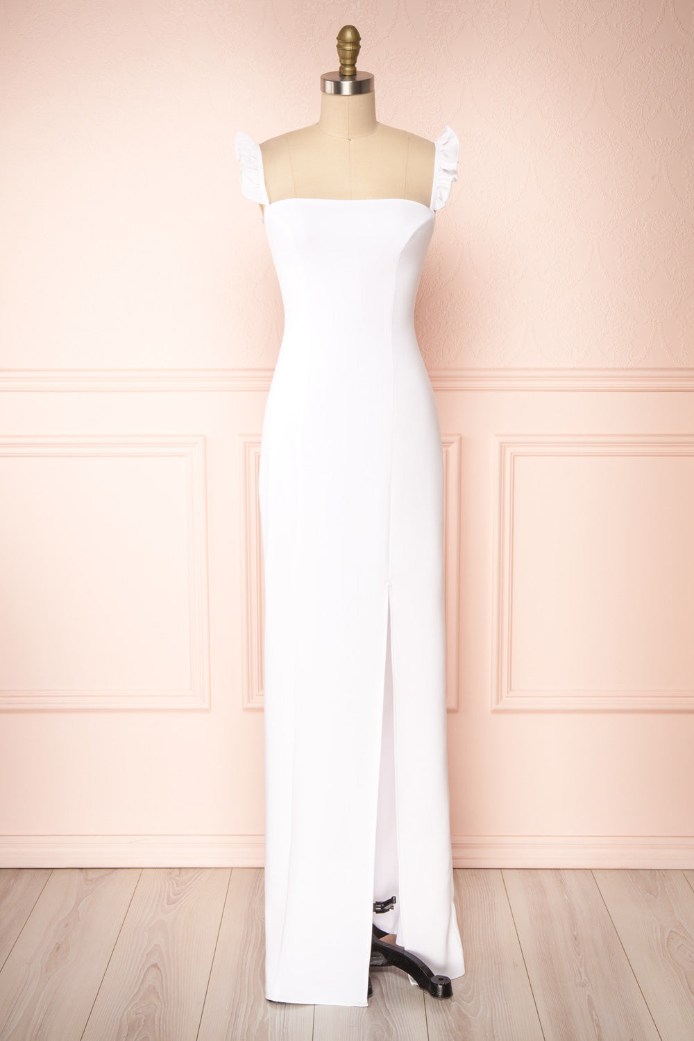 Mia White Maxi Dress w/ Ruffled Straps | Boudoir 1861 front view