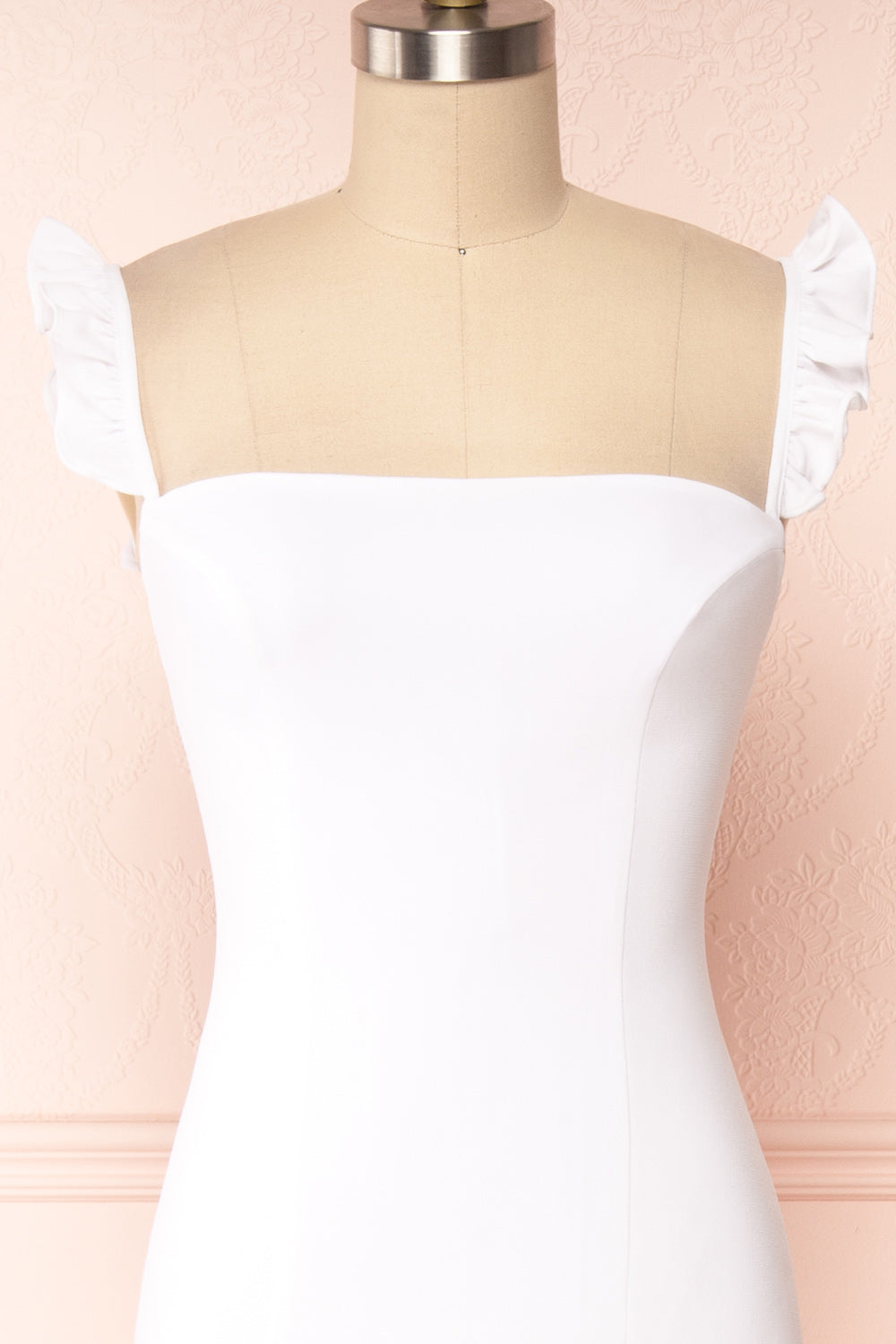 Mia White Maxi Dress w/ Ruffled Straps | Boudoir 1861 front close up