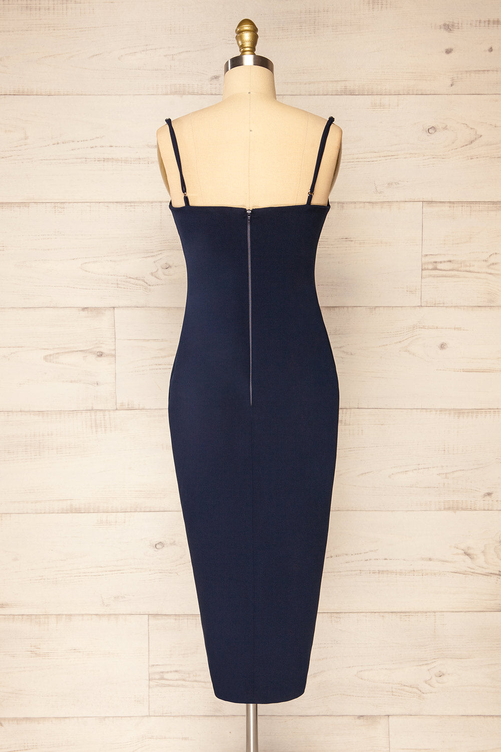 Miira Navy Fitted Midi Dress w/ Sweetheart Neckline | La petite garçonne back view