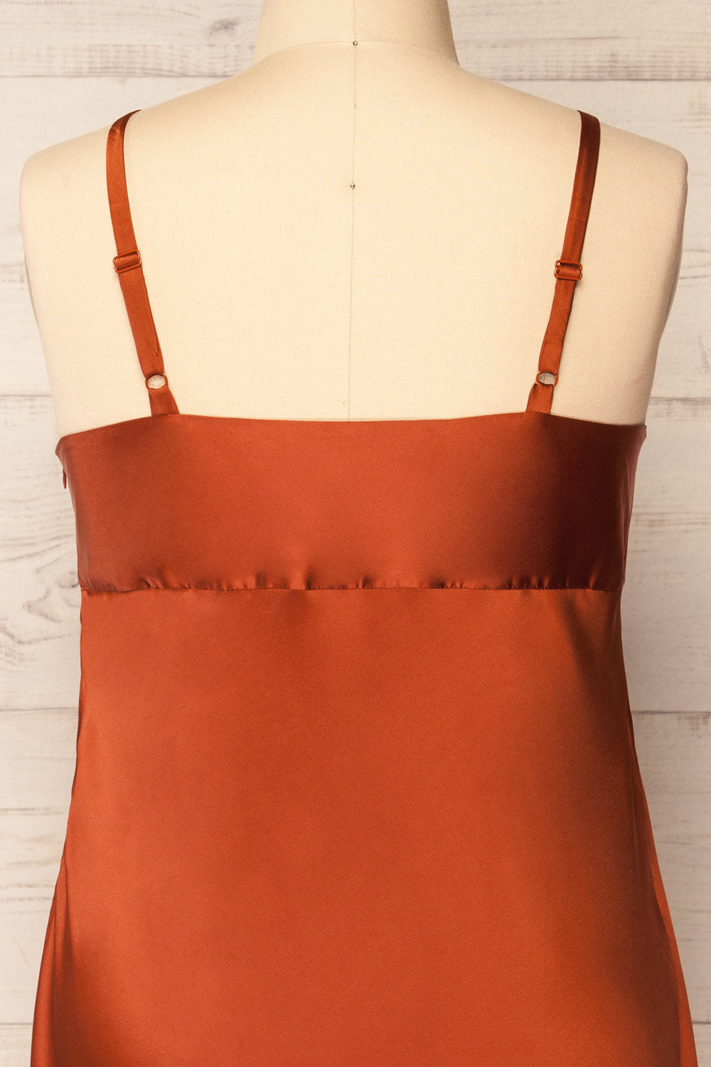 Mikoo Rust Midi V-Neck Slip Dress | La petite garçonne back close-up