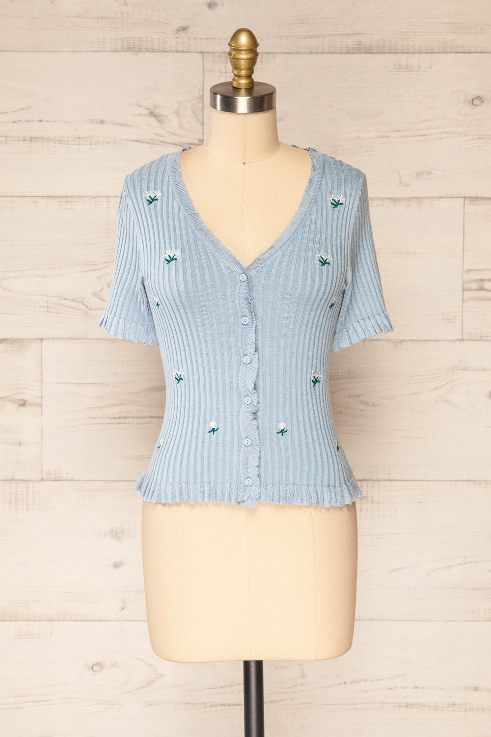 Mikro Blue Floral Short Sleeve Cardigan | La petite garçonne front view
