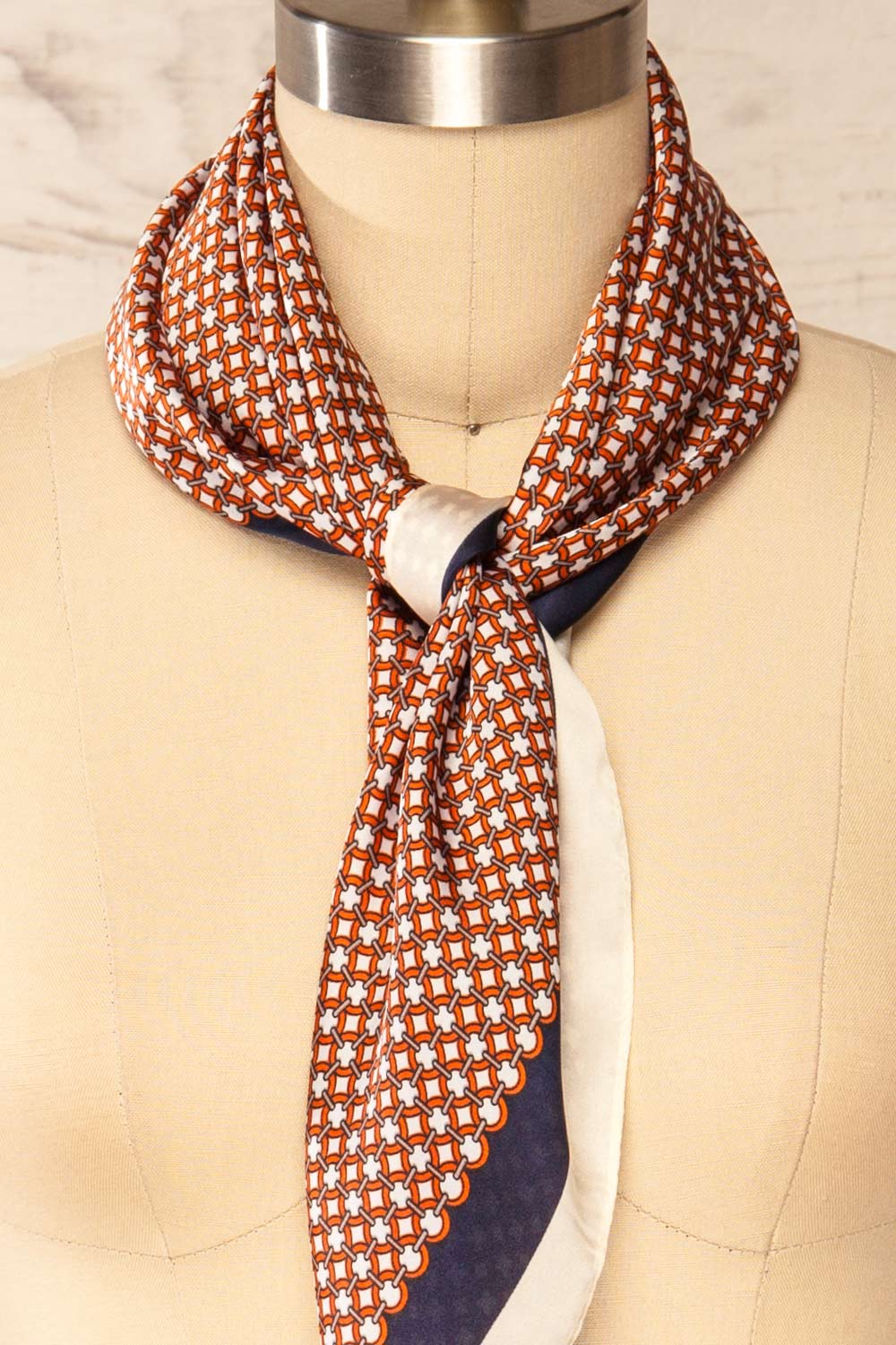 Mississauga Red & Navy Patterned Satin Scarf | La petite garçonne tie close-up