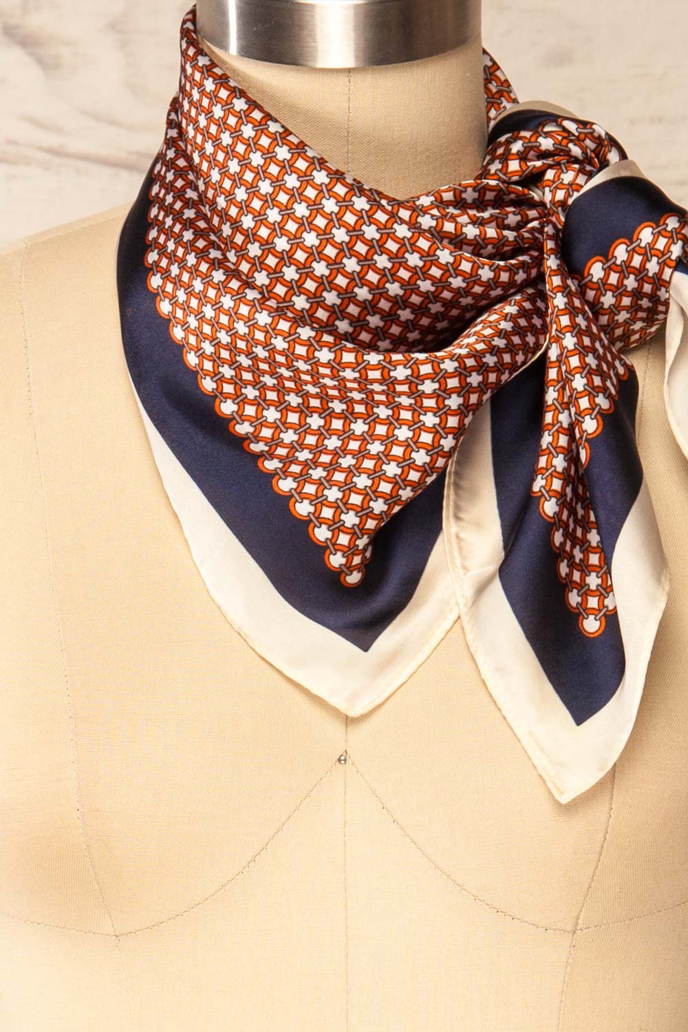 Mississauga Red & Navy Patterned Satin Scarf | La petite garçonne front close-up