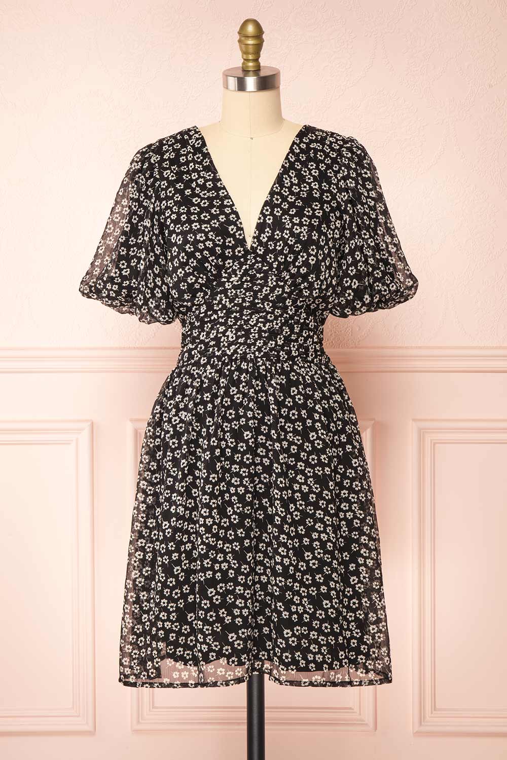 Mogontia Puffed Sleeves Floral Short Dress | Boutique 1861 front view