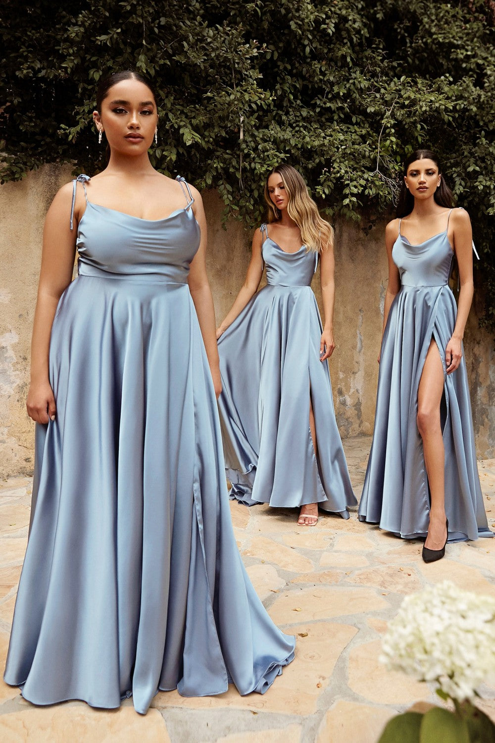 Moira Blue Cowl Neck Satin Maxi Dress w/ High Slit | Boutique 1861 on model