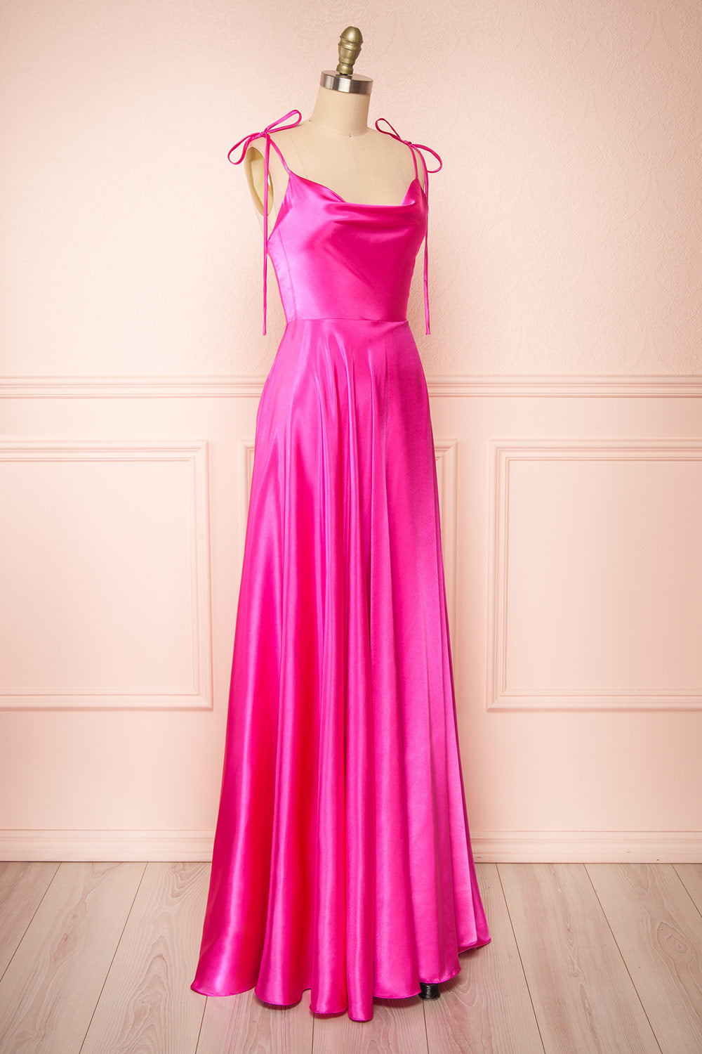 Moira Fuchsia Cowl Neck Satin Maxi Dress w/ High Slit side view