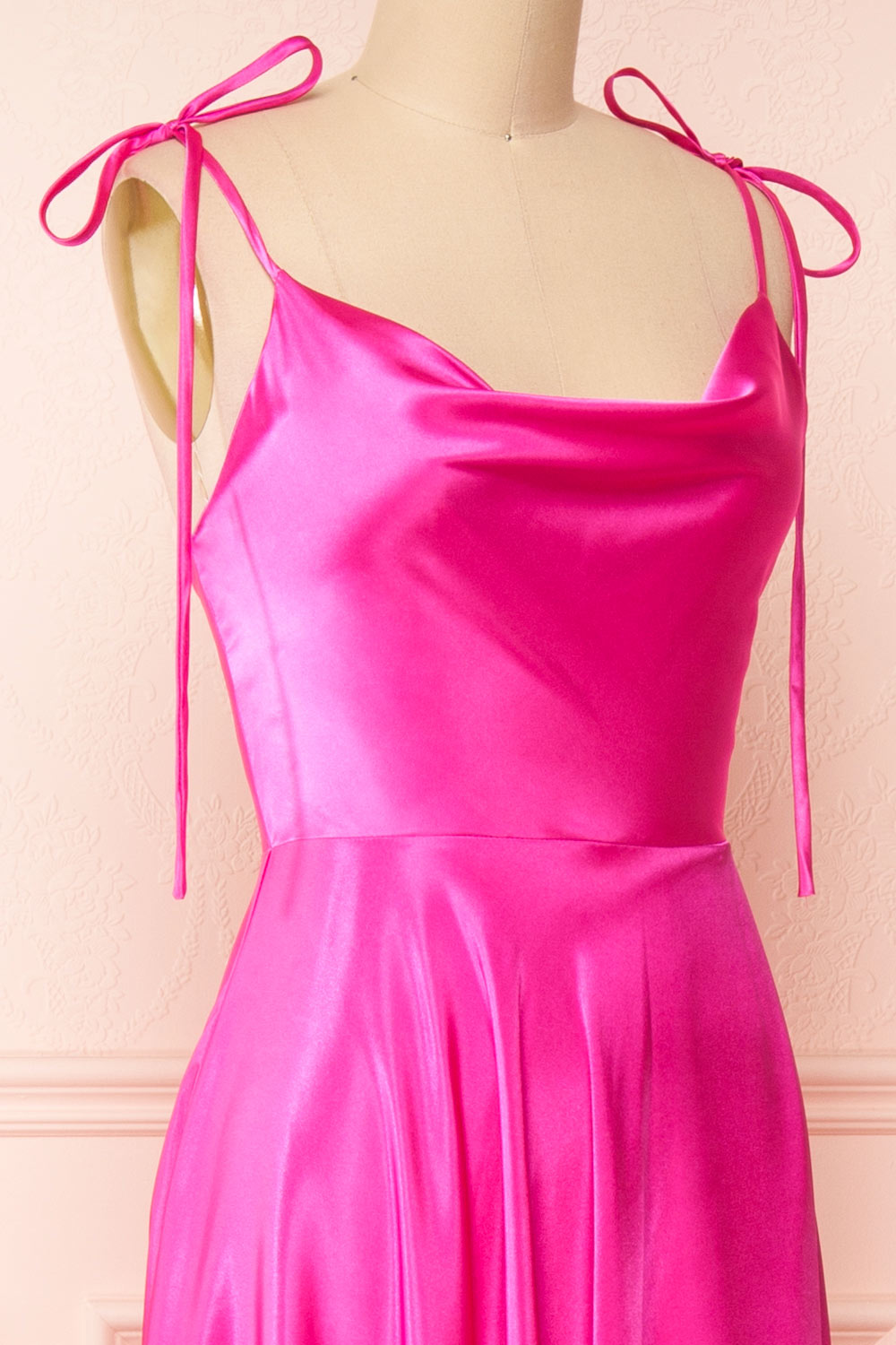 Moira Fuchsia Cowl Neck Satin Maxi Dress w/ High Slit side close-up