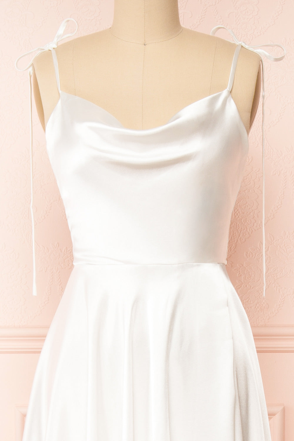 Moira Ivory Bridal Cowl Neck Satin Gown w/ High Slit | Boutique 1861 front close-up