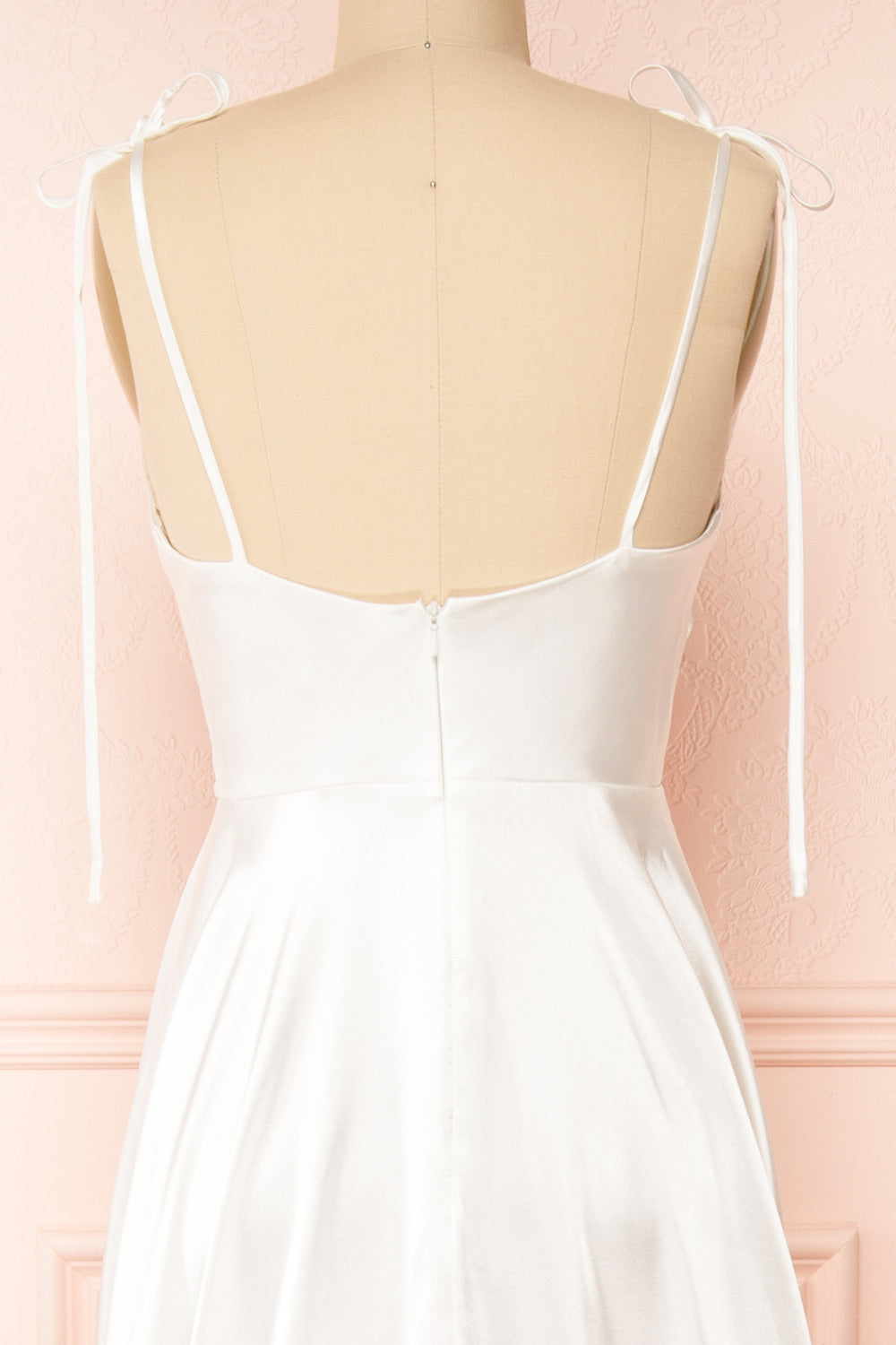 Moira Ivory Bridal Cowl Neck Satin Gown w/ High Slit | Boutique 1861 back close-up