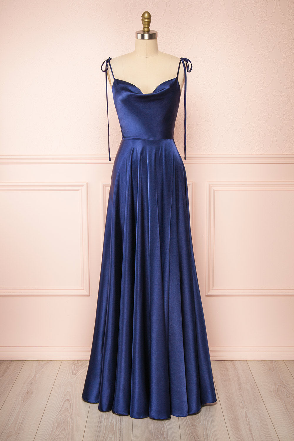 Moira Navy Cowl Neck Satin Maxi Dress w/ High Slit | Boutique 1861 front view
