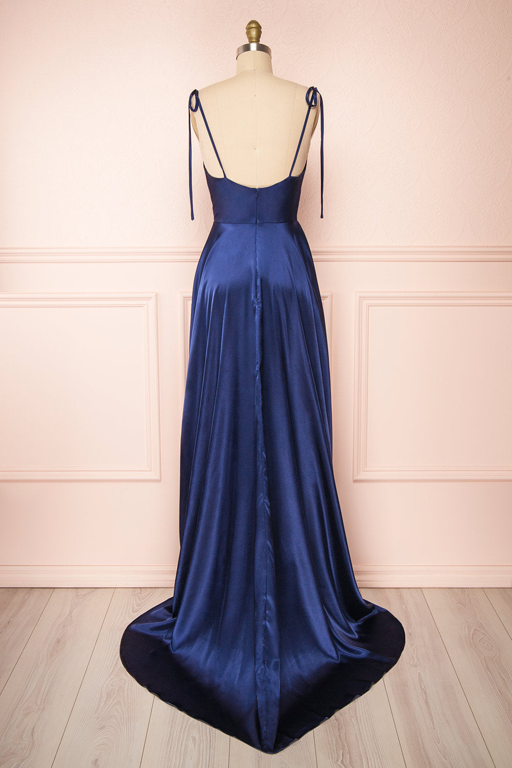 Moira Navy Cowl Neck Satin Maxi Dress w/ High Slit | Boutique 1861 back view