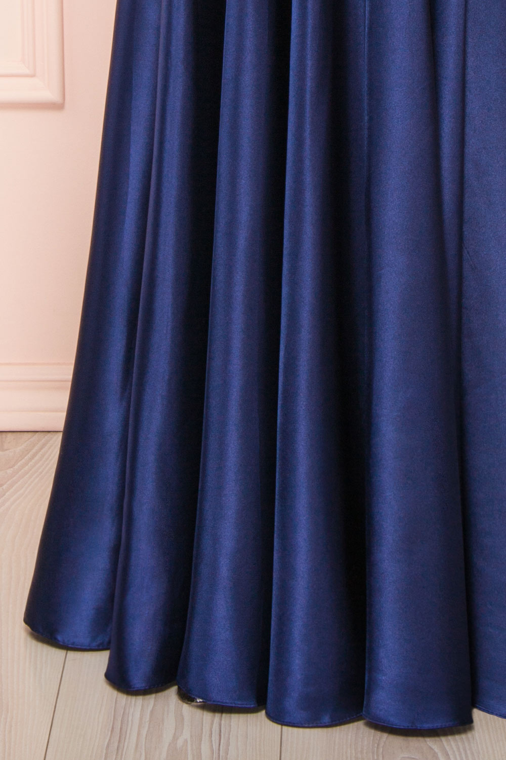 Moira Navy Cowl Neck Satin Maxi Dress w/ High Slit | Boutique 1861 bottom