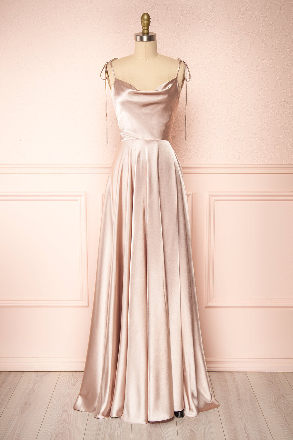 Moira Sand Cowl Neck Satin Maxi Dress w/ High Slit | Boutique 1861 front view