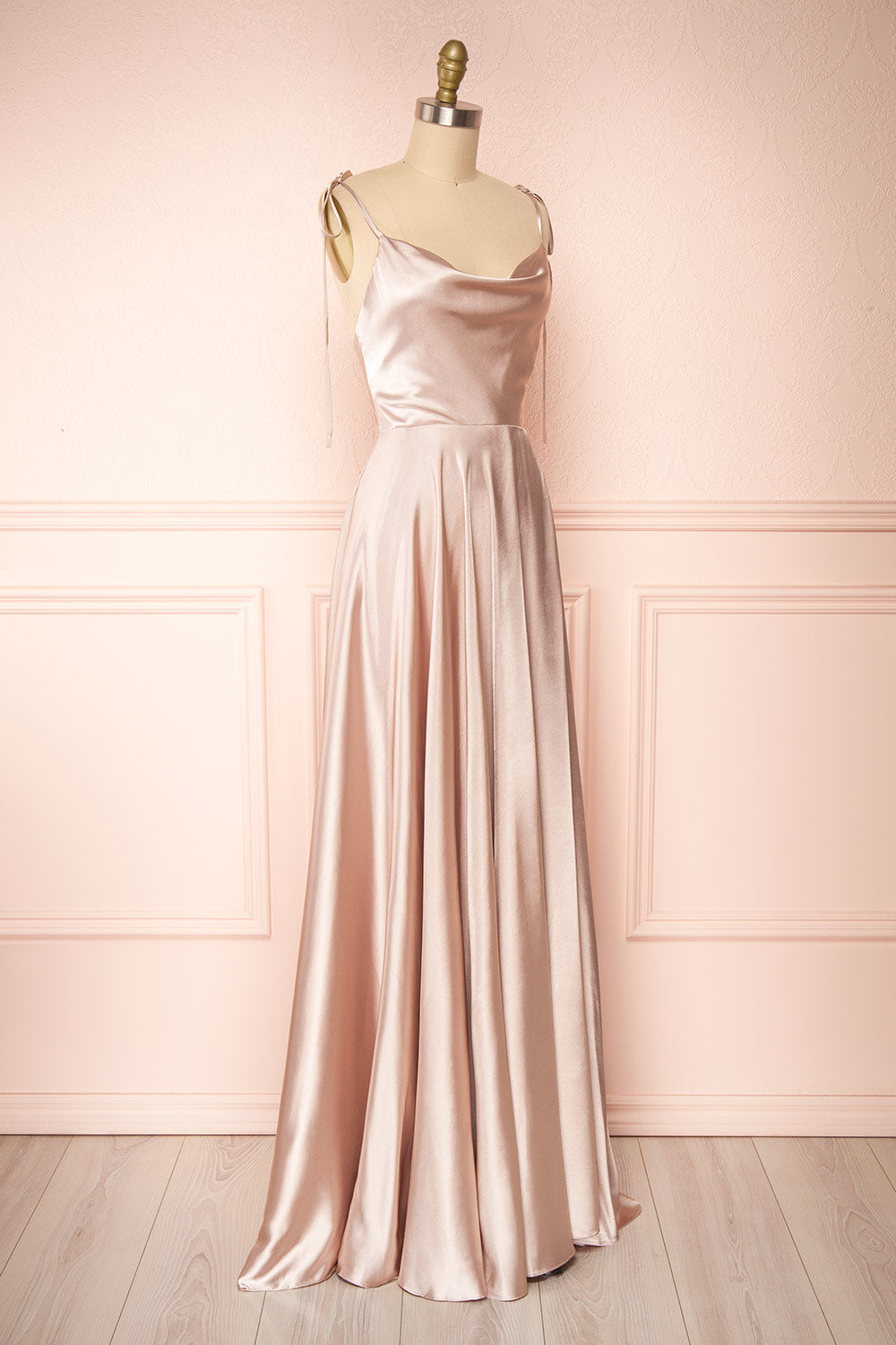 Moira Sand Cowl Neck Satin Maxi Dress w/ High Slit | Boutique 1861 side view