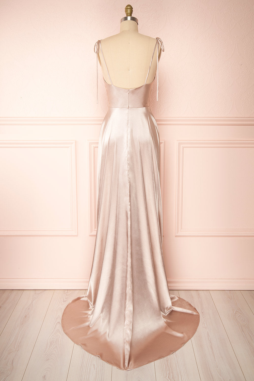 Moira Sand Cowl Neck Satin Maxi Dress w/ High Slit | Boutique 1861 back view