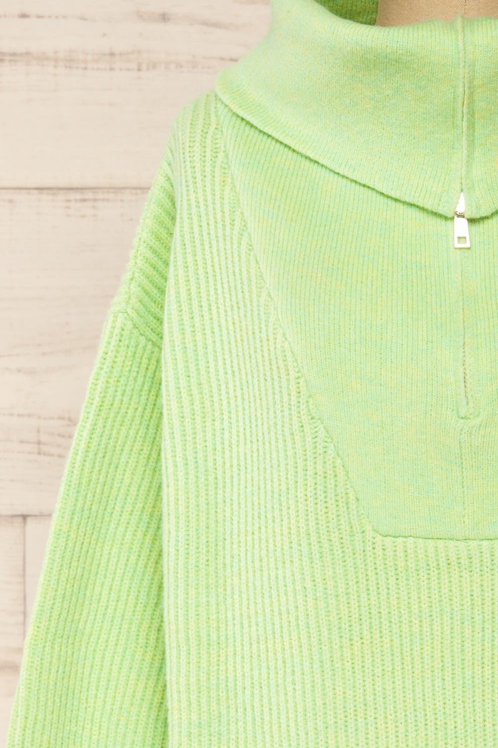 Molina Green Quarter-Zip Rib Knit Sweater | La petite garçonne front close-up