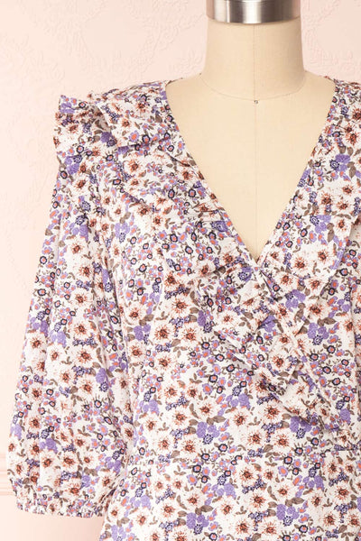 Myane Floral Puffy Sleeve Midi Dress | La petite garçonne front close up