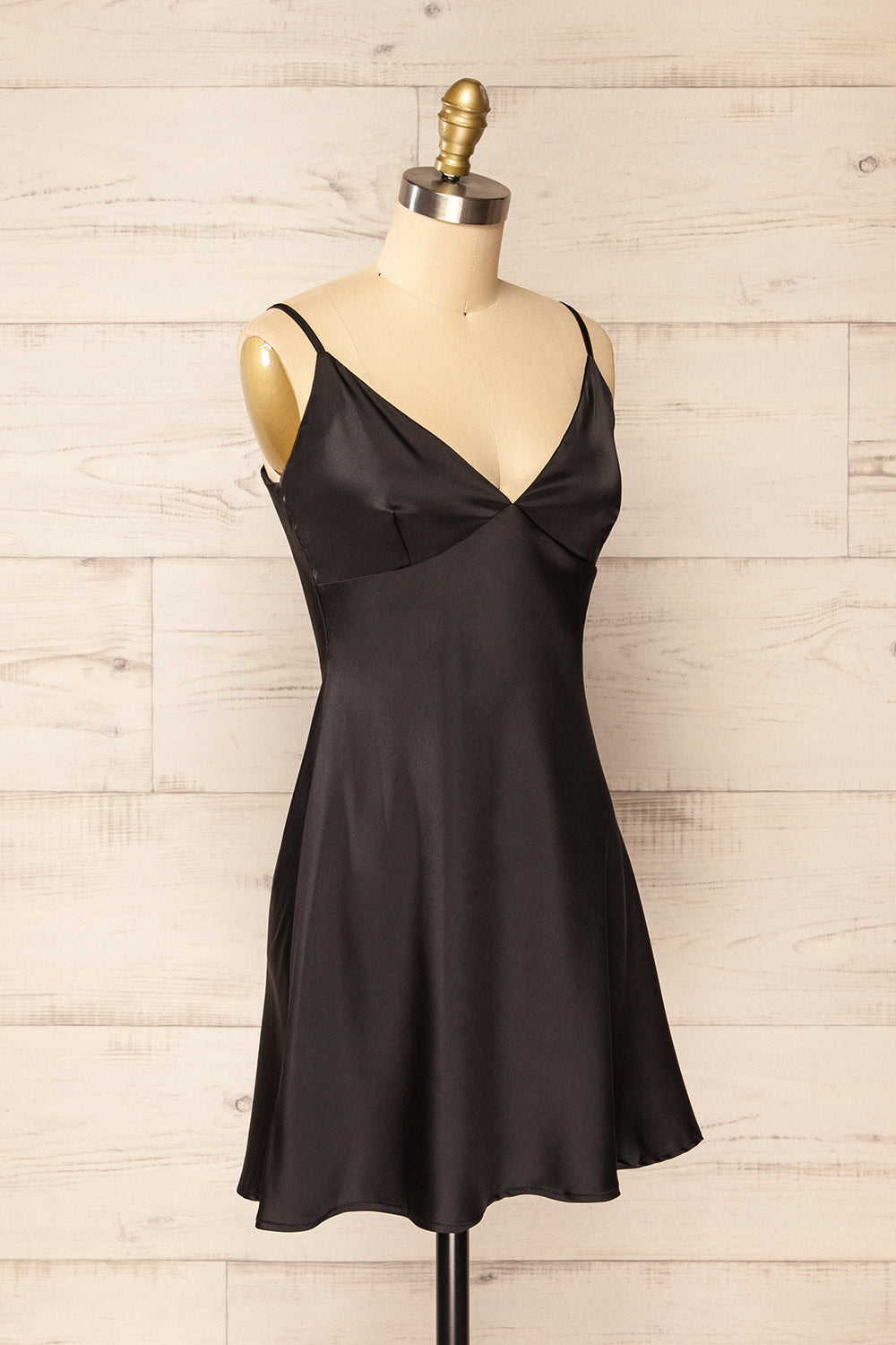 Myla Black Satin Short Dress | La petite garçonne side view