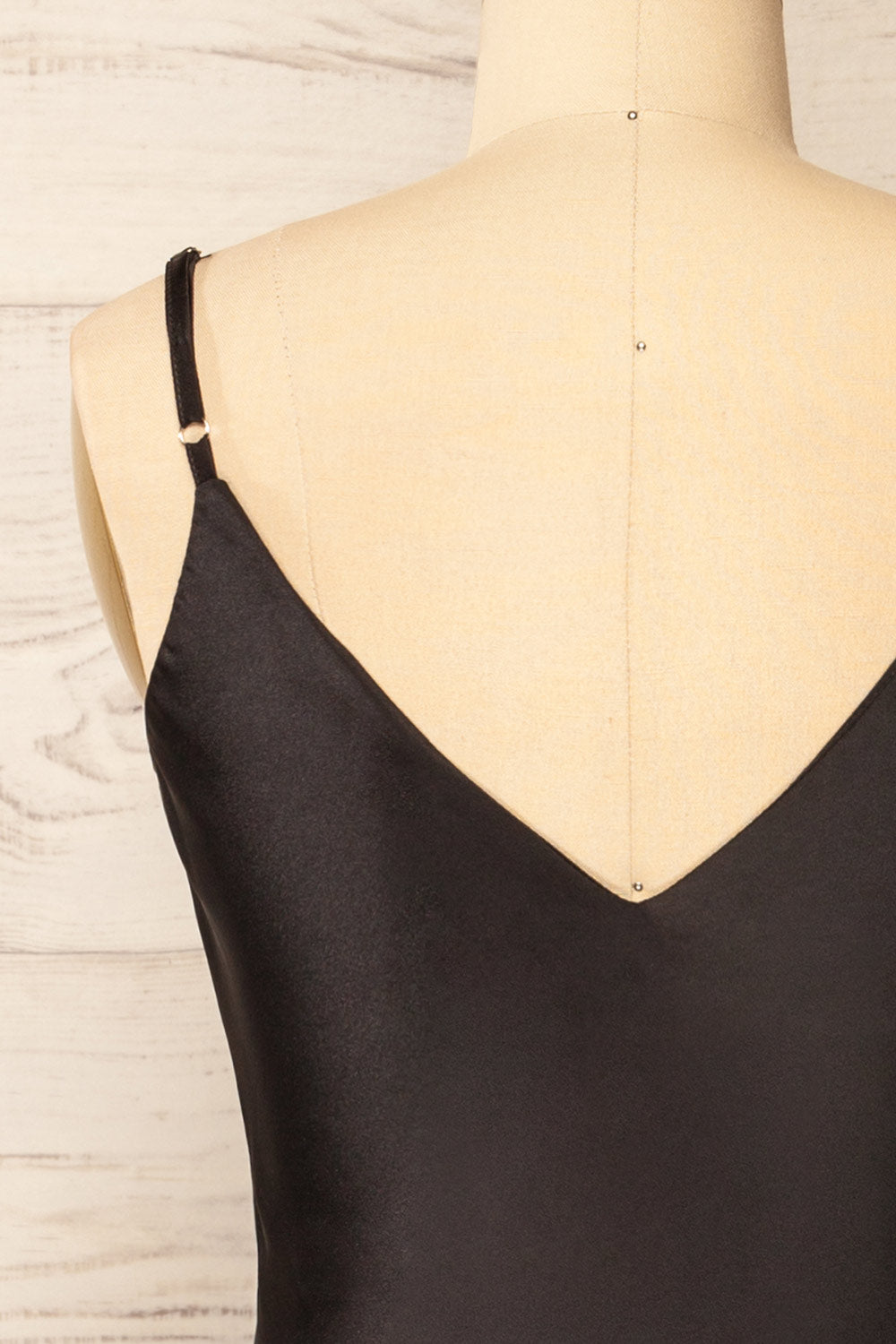 Myla Black Satin Short Dress | La petite garçonne back close-up