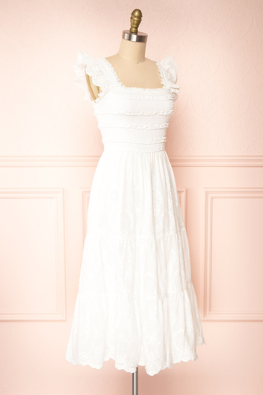 Nagone | White Midi Dress With Ruffles And Elastic Bust side view