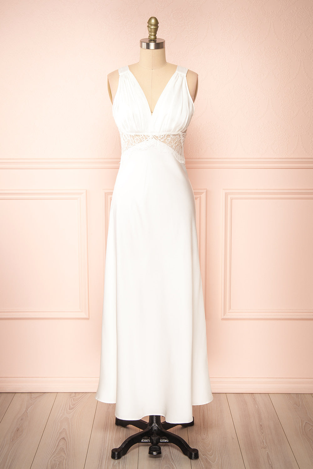 Naksu Ivory Satin Midi Dress w/ Lace Trim | Boutique 1861 front view