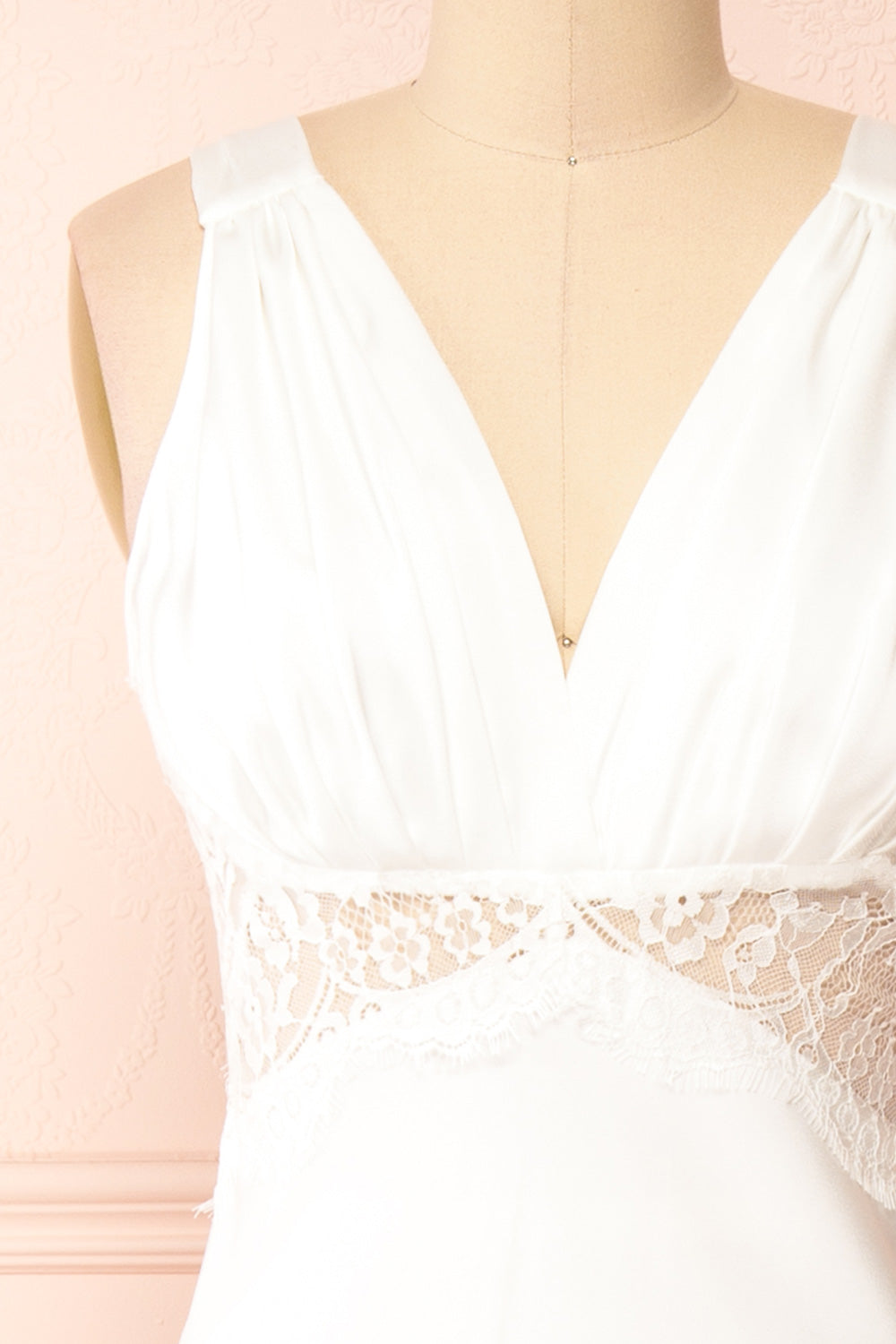 Naksu Ivory Satin Midi Dress w/ Lace Trim | Boutique 1861 front close-up