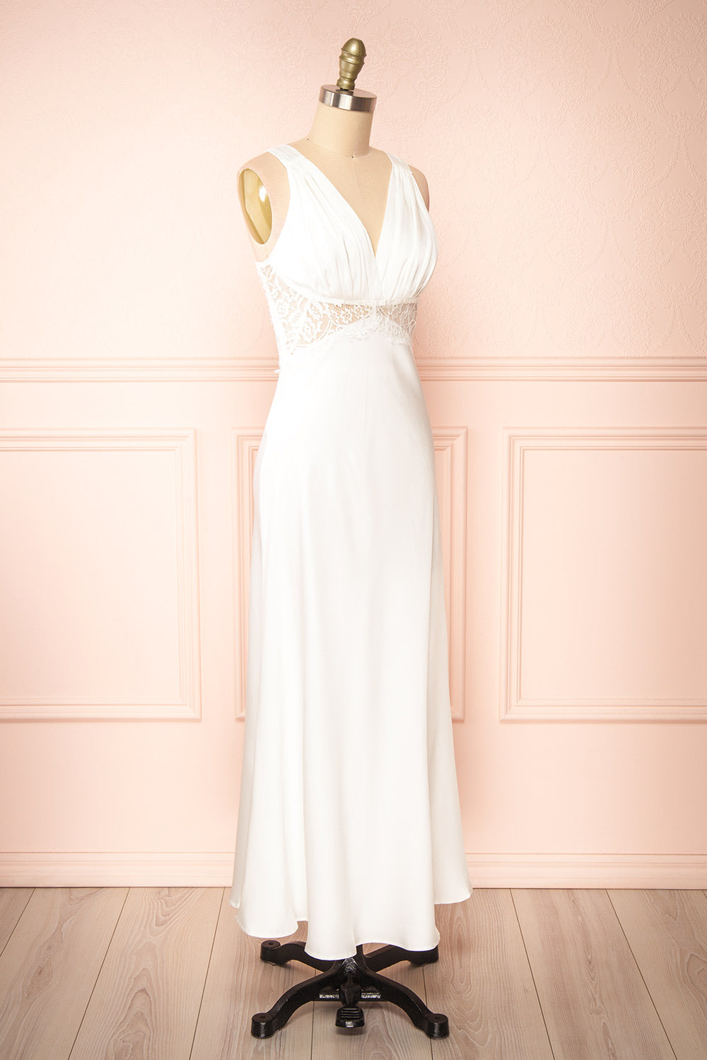 Naksu Ivory Satin Midi Dress w/ Lace Trim | Boutique 1861 side view