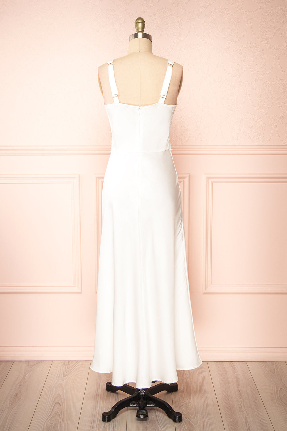 Naksu Ivory Satin Midi Dress w/ Lace Trim | Boutique 1861 back view