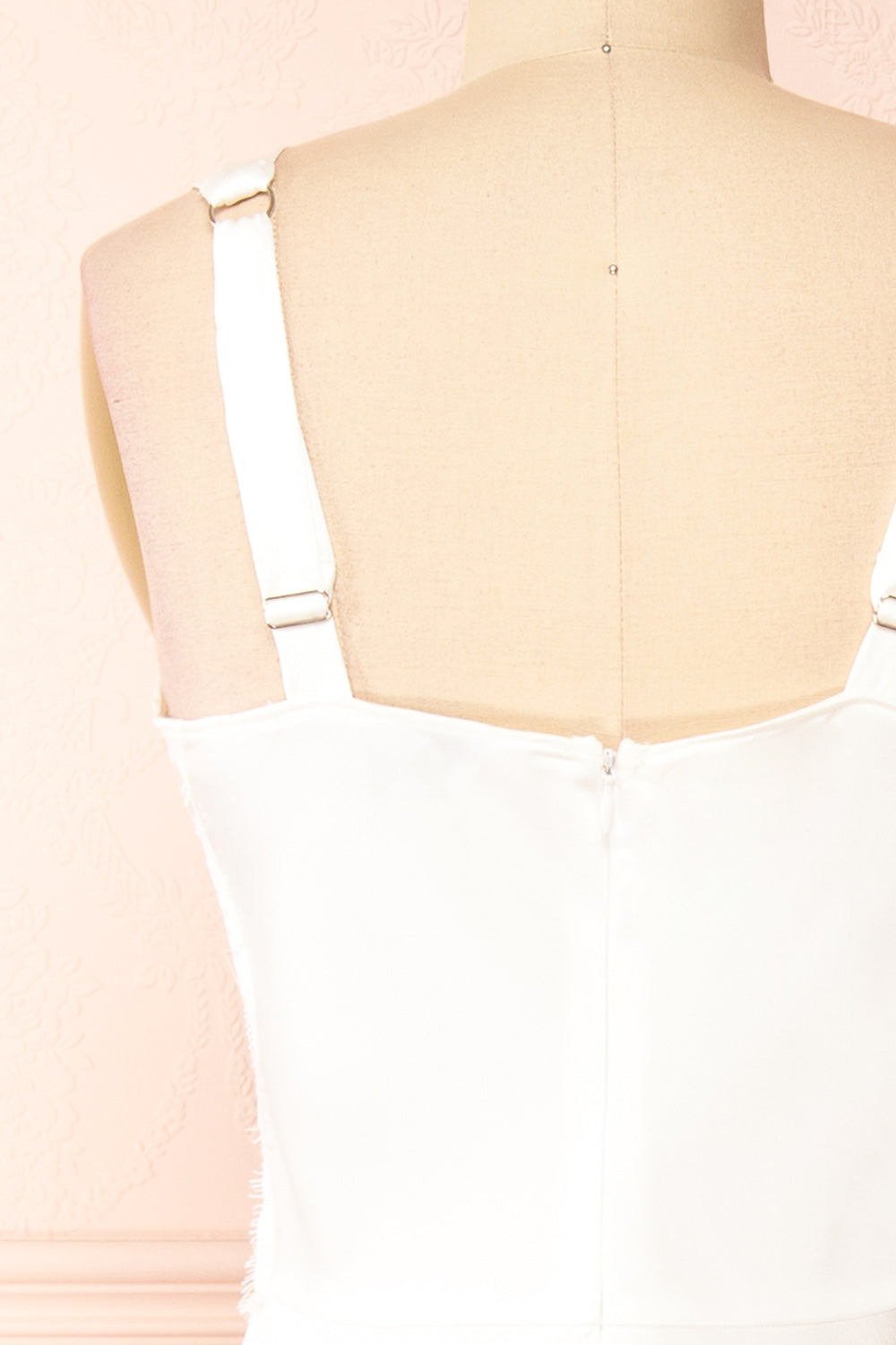 Naksu Ivory Satin Midi Dress w/ Lace Trim | Boutique 1861 back close-up