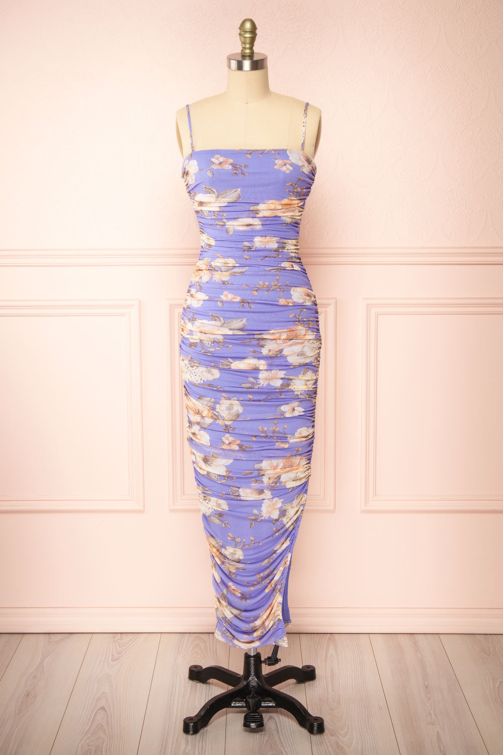 Nalani Bodycon Floral Midi Dress w/ Slit | Boutique 1861 front view