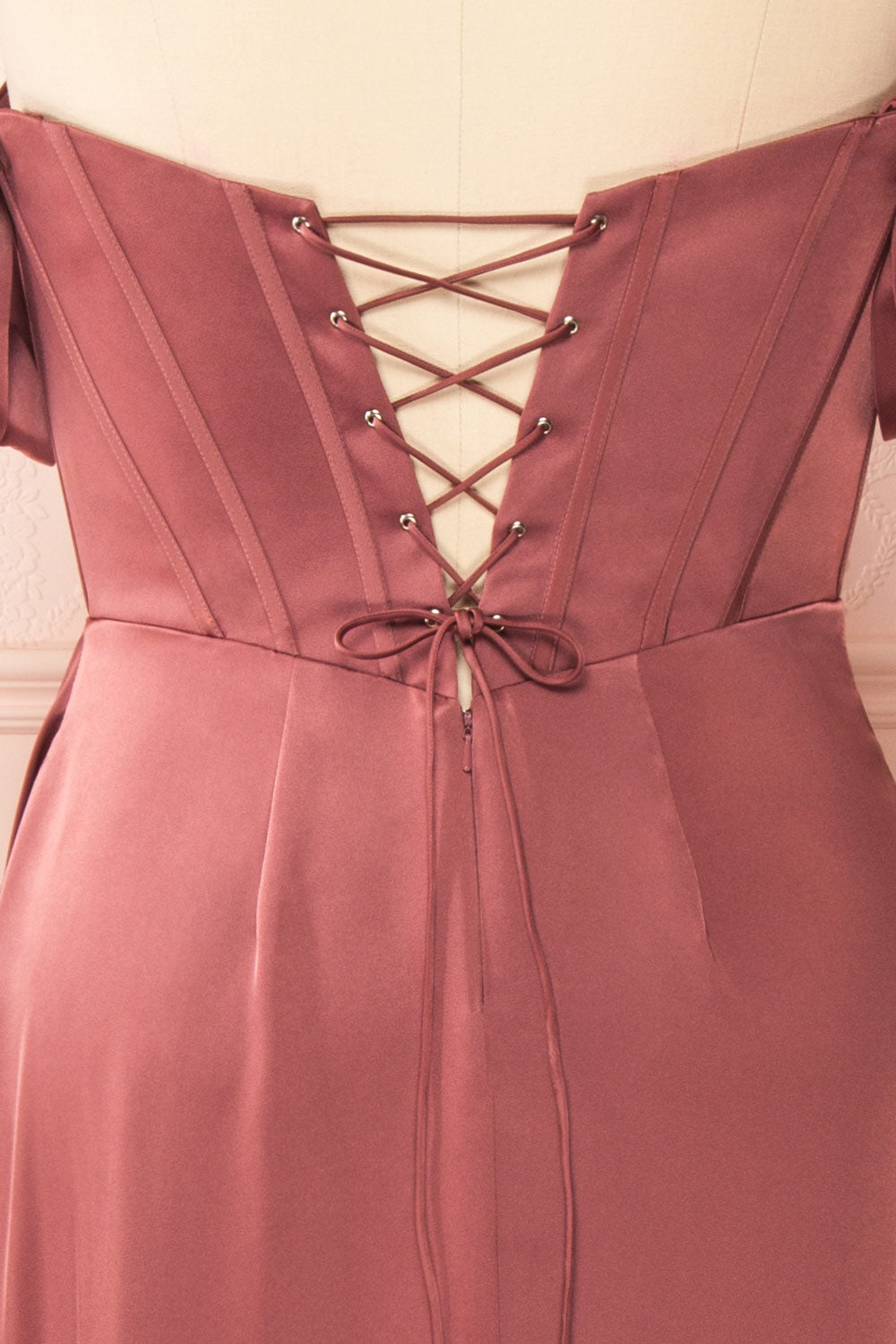 Namie Mauve Corset Maxi Dress w/ Removable Straps | Boutique 1861 back close-up