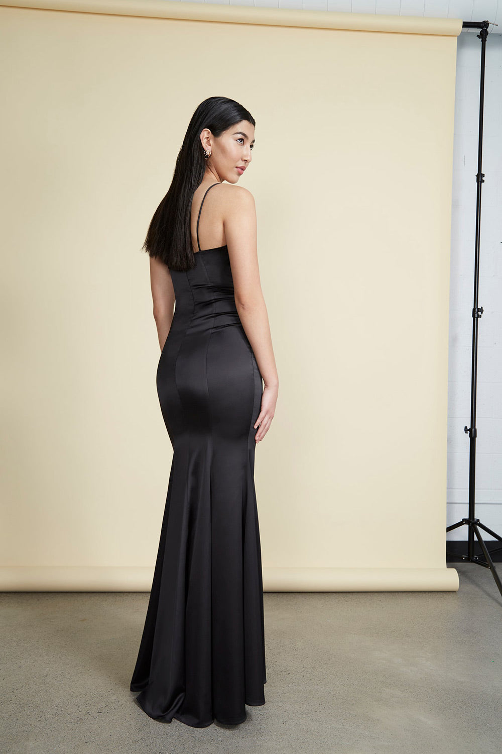 Naomie Black Silky Mermaid Gown with Slit | Boudoir 1861 back on model