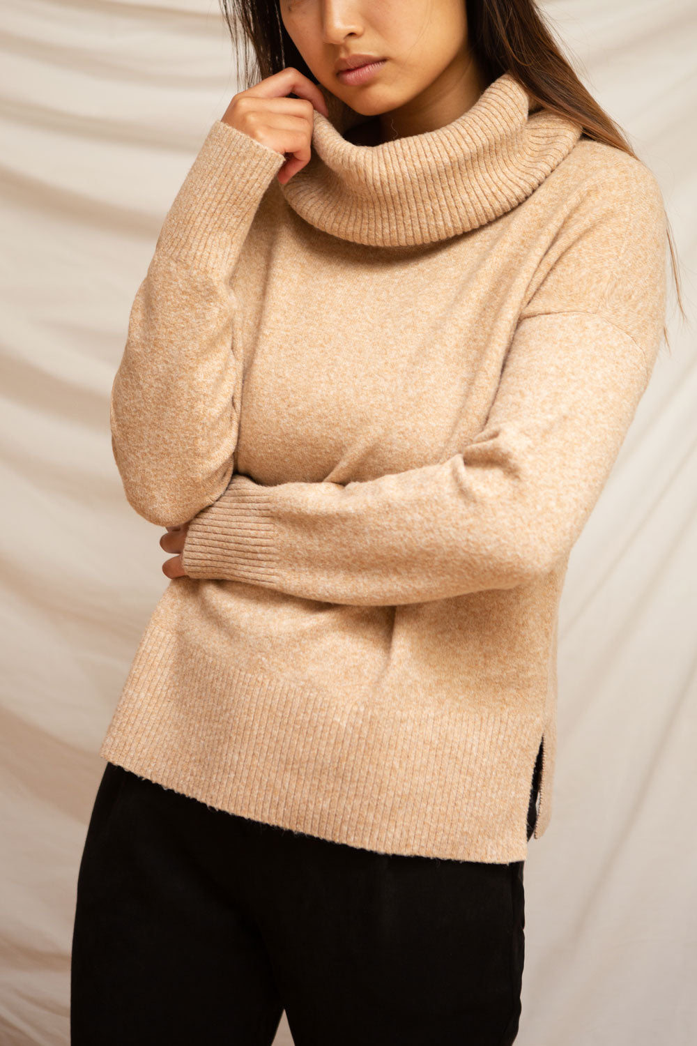 Naoussa Tan Turtleneck Knitted Sweater | La petite garçonne on model