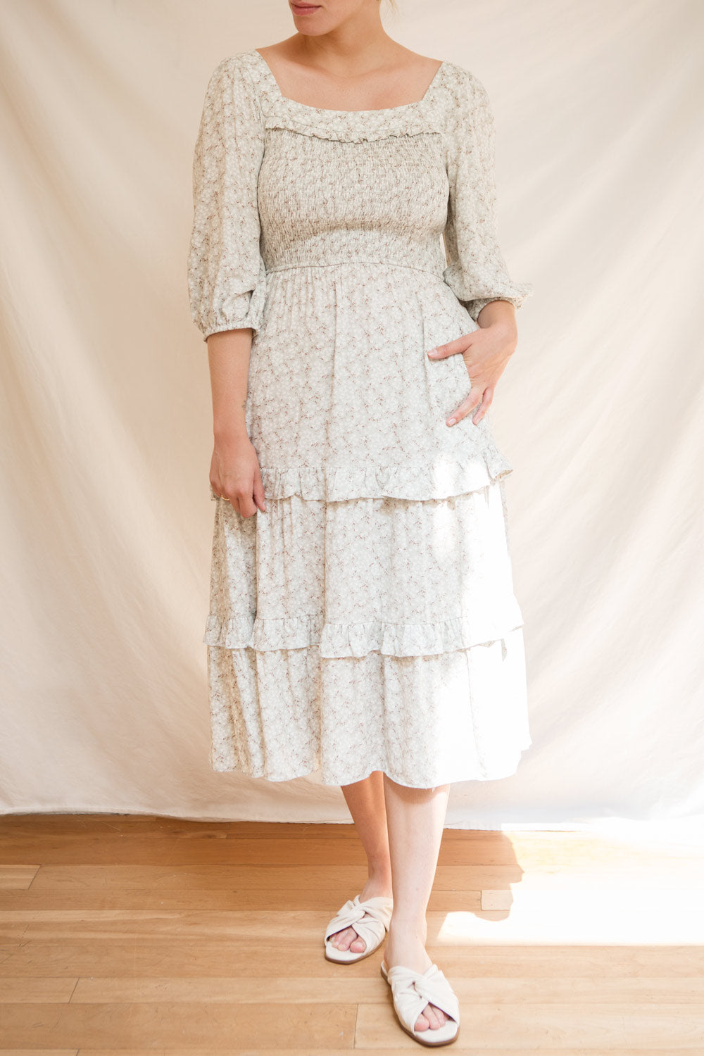 Napae Pink 3/4 Sleeve Floral Dress w/ Ruffles | Boutique 1861 model