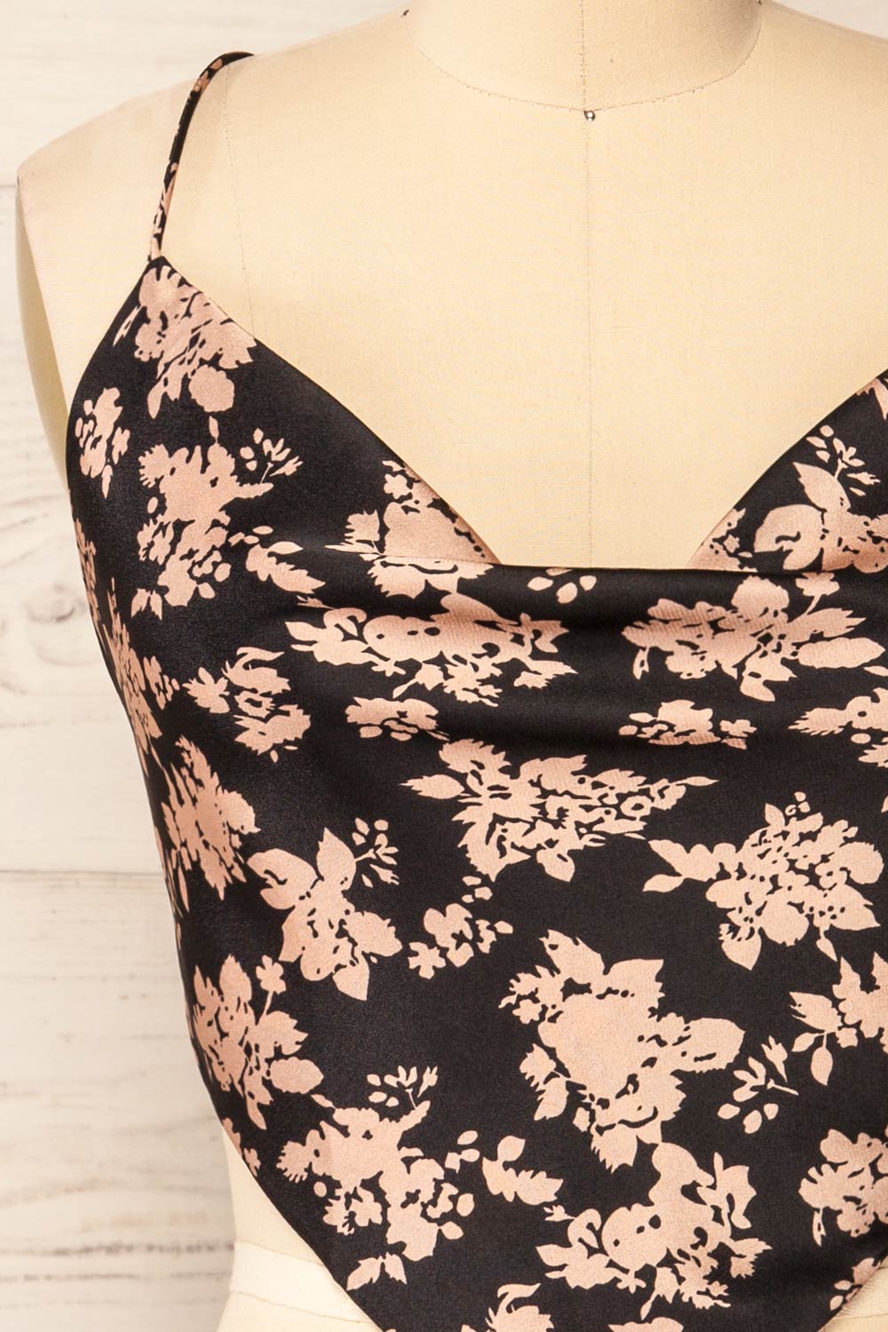 Natey Black Floral Lace-Up Back Crop Top | La petite garçonne front close-up