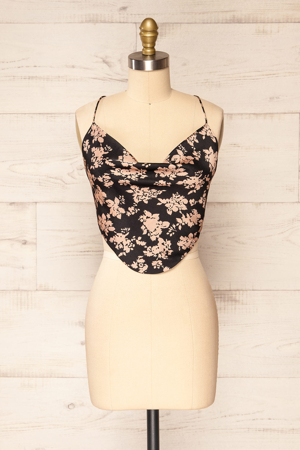 Natey Black Floral Lace-Up Back Crop Top | La petite garçonne front view
