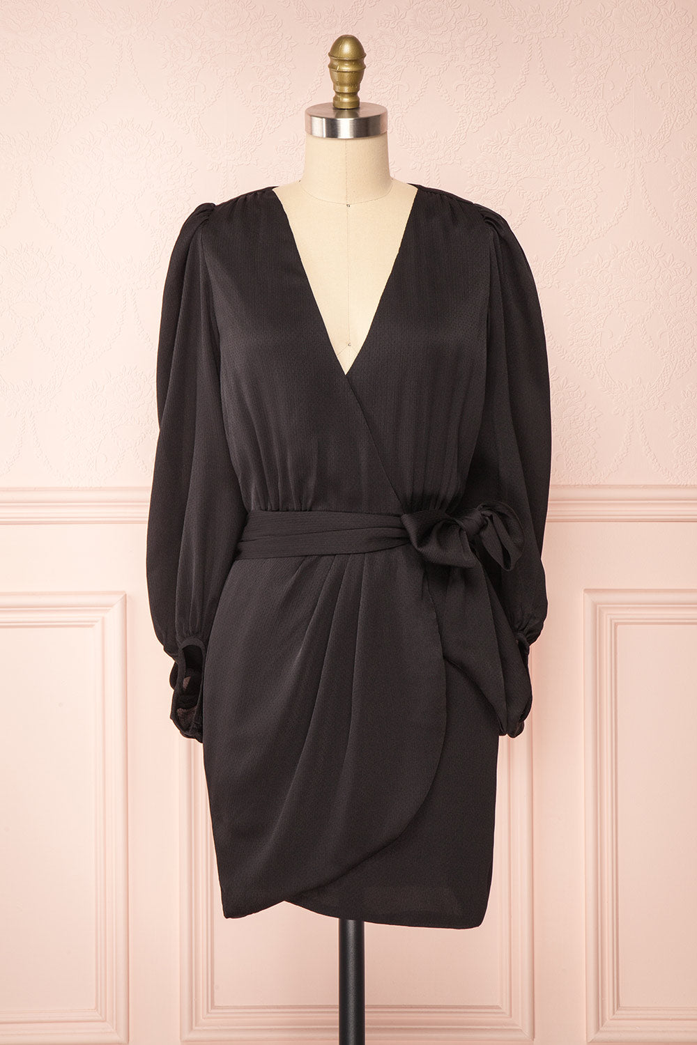 Nelly Black Long Puff-Sleeve Wrap Dress | La petite garçonne front view