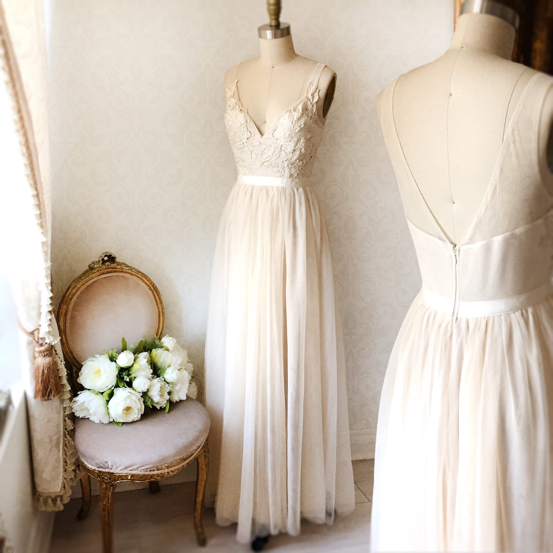 Néomie Cream | Tulle Gown with Lace