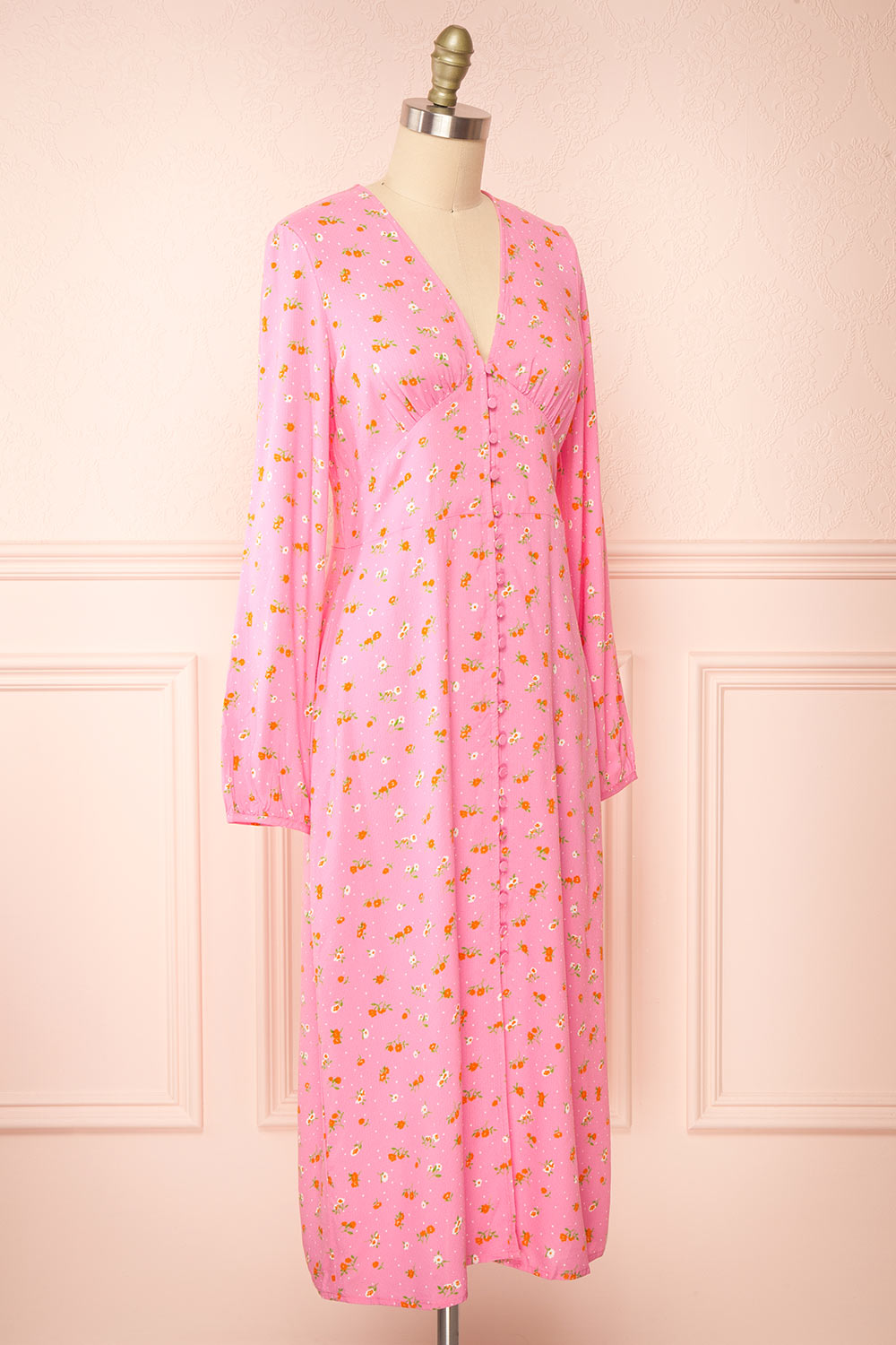 Netra Pink Long Sleeve Floral Midi Dress | Boutique 1861 side view