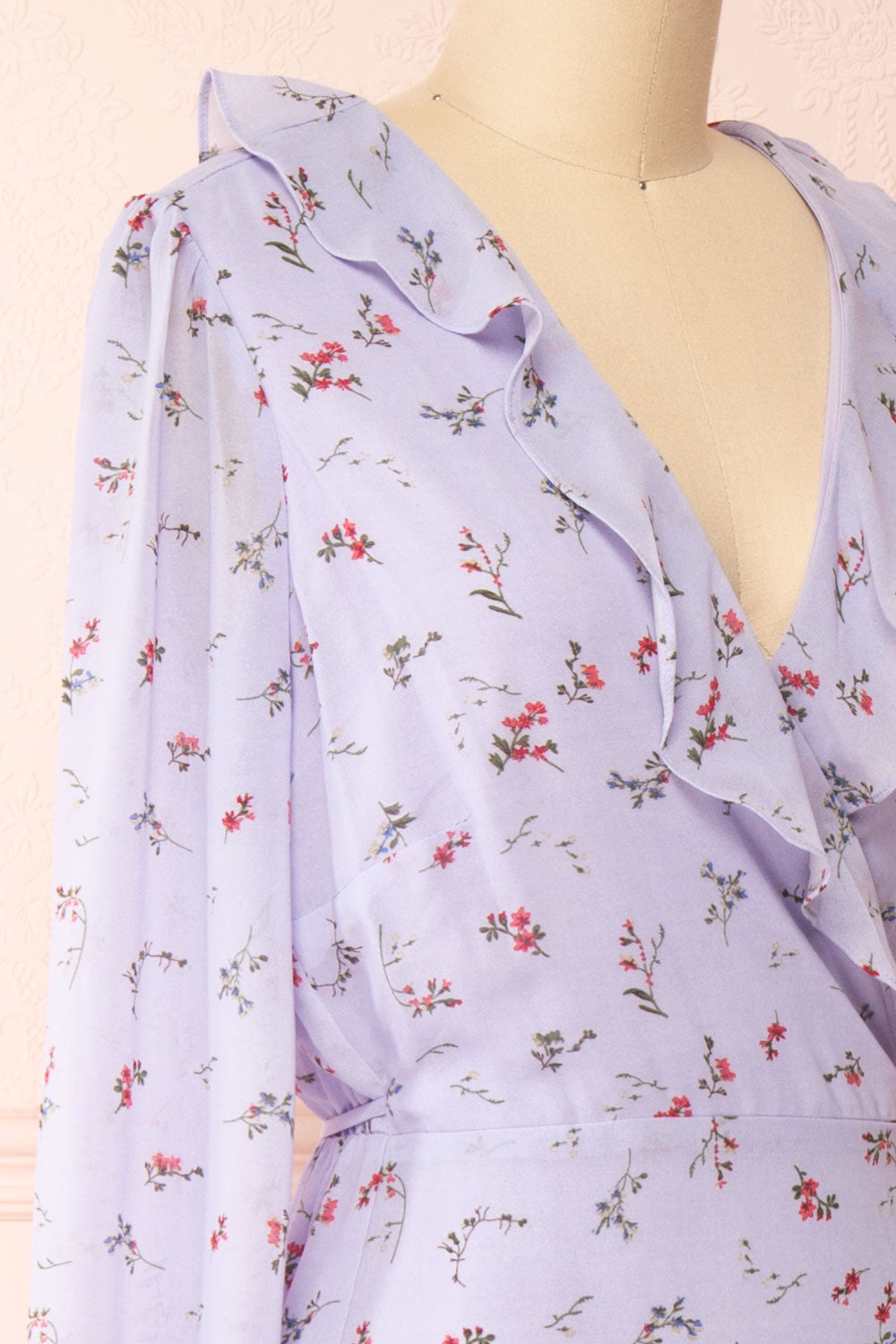 Niope Long Sleeve Floral Wrap Midi Dress w/ Ruffles | Boutique 1861 side close-up