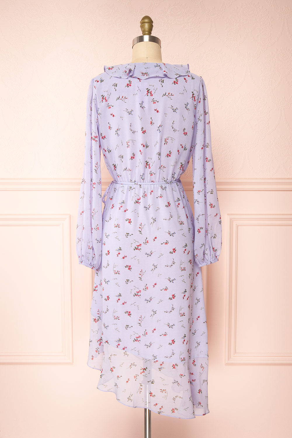 Niope Long Sleeve Floral Wrap Midi Dress w/ Ruffles | Boutique 1861 back view