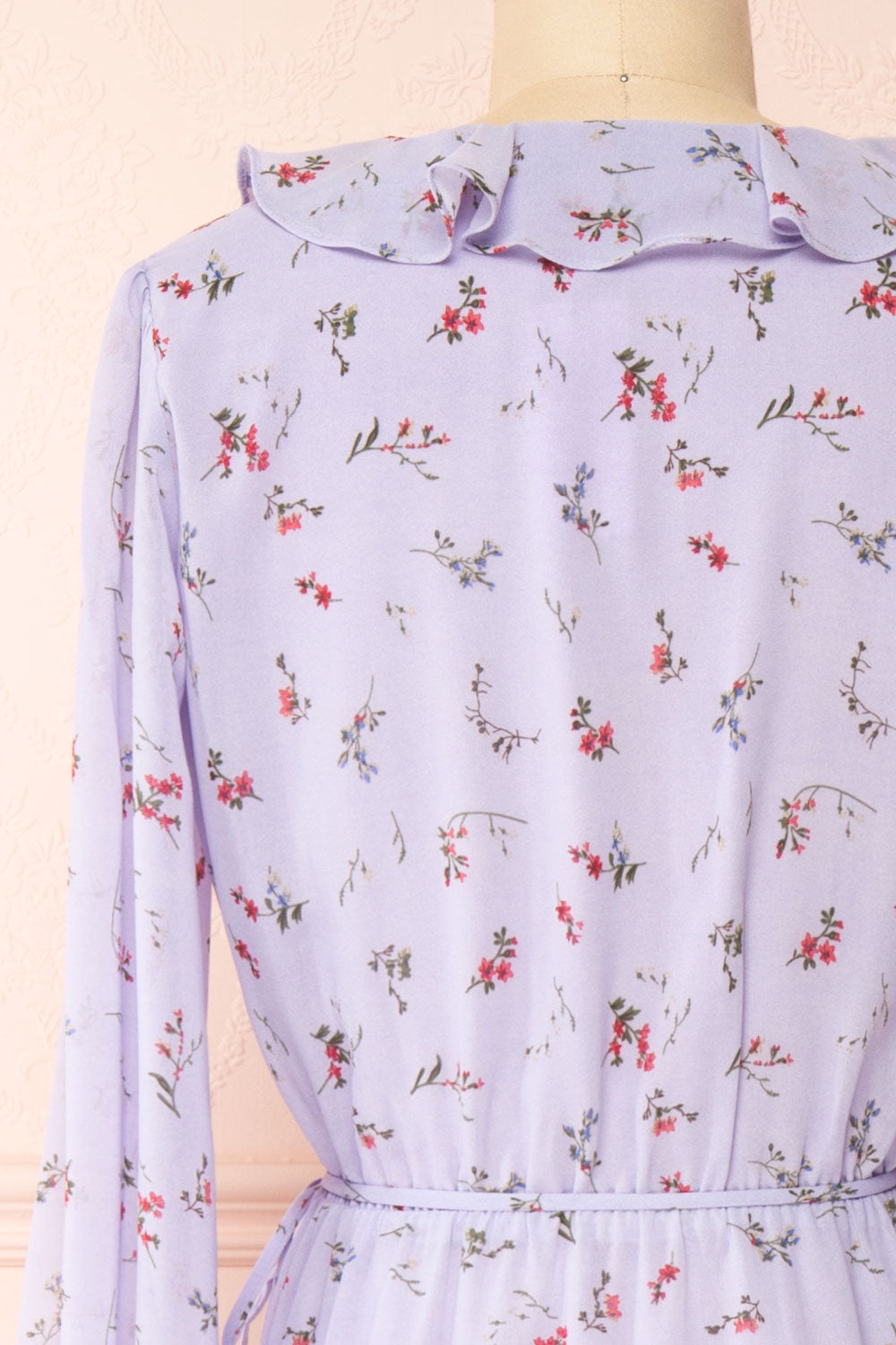 Niope Long Sleeve Floral Wrap Midi Dress w/ Ruffles | Boutique 1861 back close-up