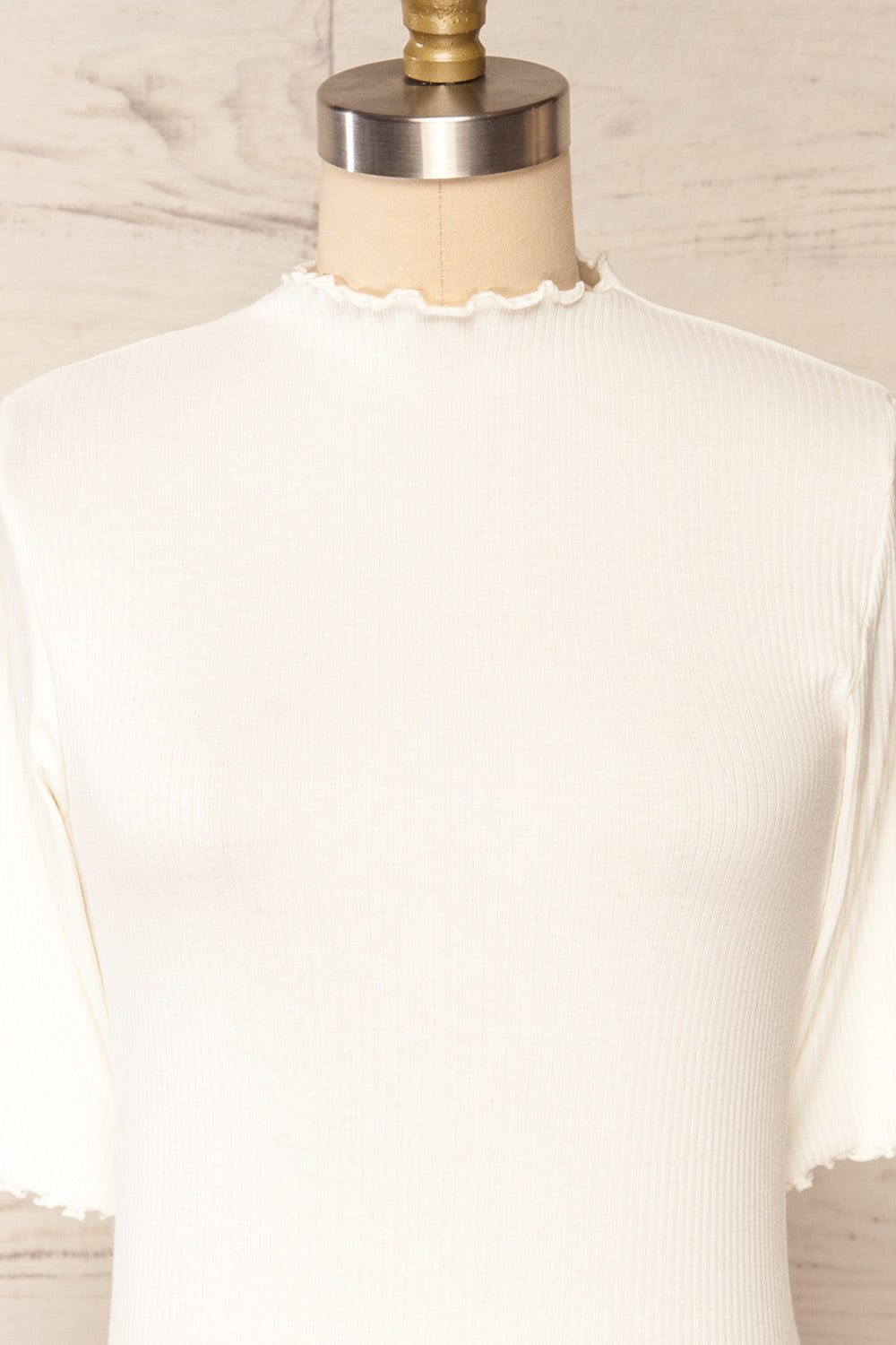 Nirvana White Ribbed Top w/ Frills | Boutique 1861 front close up