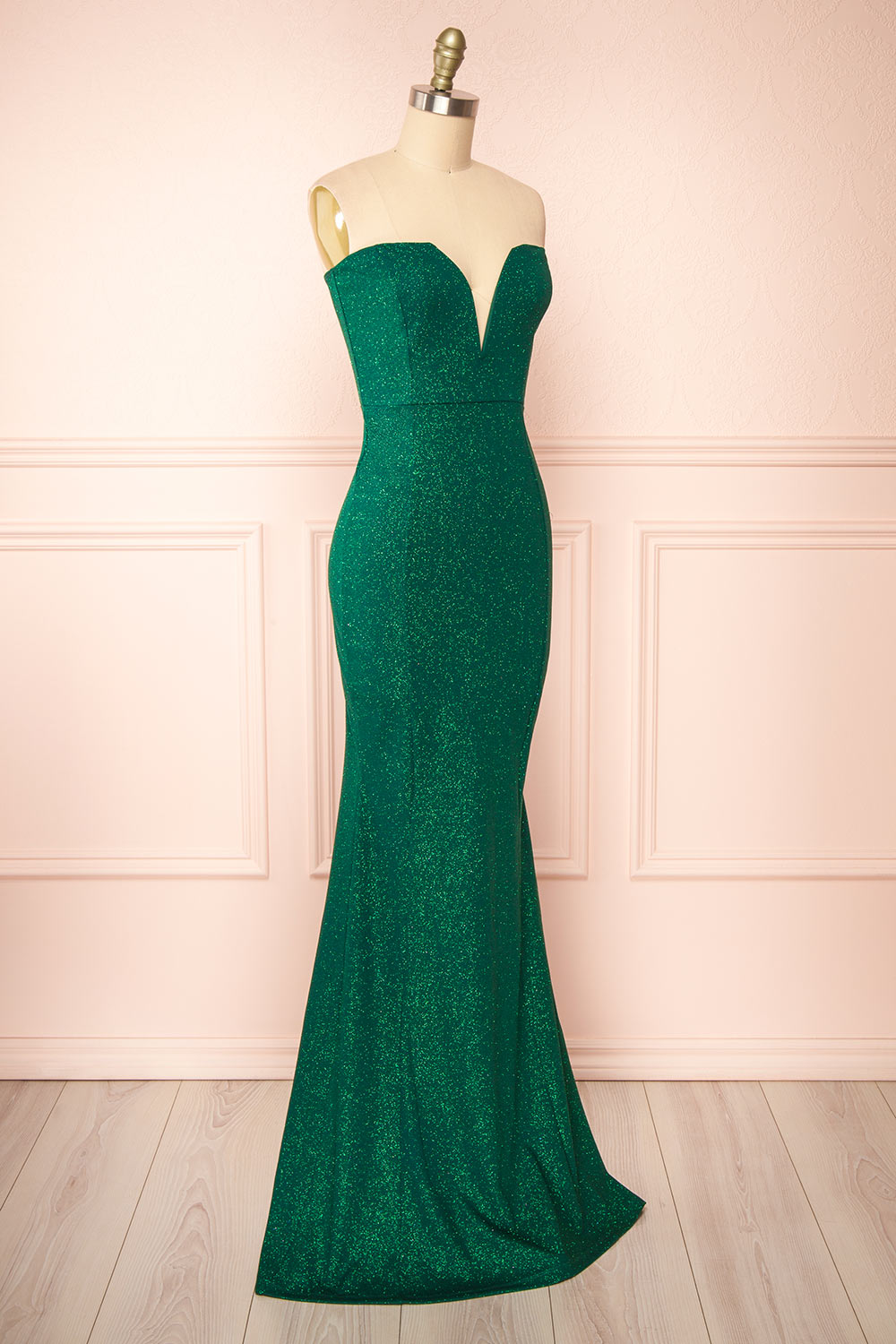 Norcia Green Shimmery Bustier Mermaid Maxi Dress | Boutique 1861  side view
