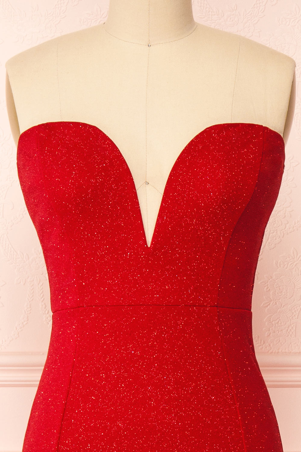 Norcia Red Shimmery Bustier Mermaid Maxi Dress | Boutique 1861 front close-up
