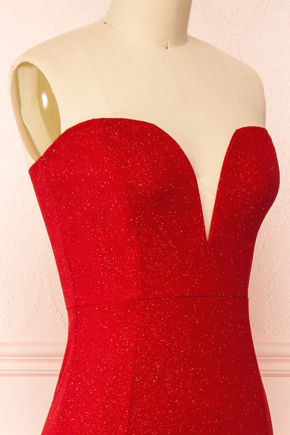 Norcia Red Shimmery Bustier Mermaid Maxi Dress | Boutique 1861 side close-up