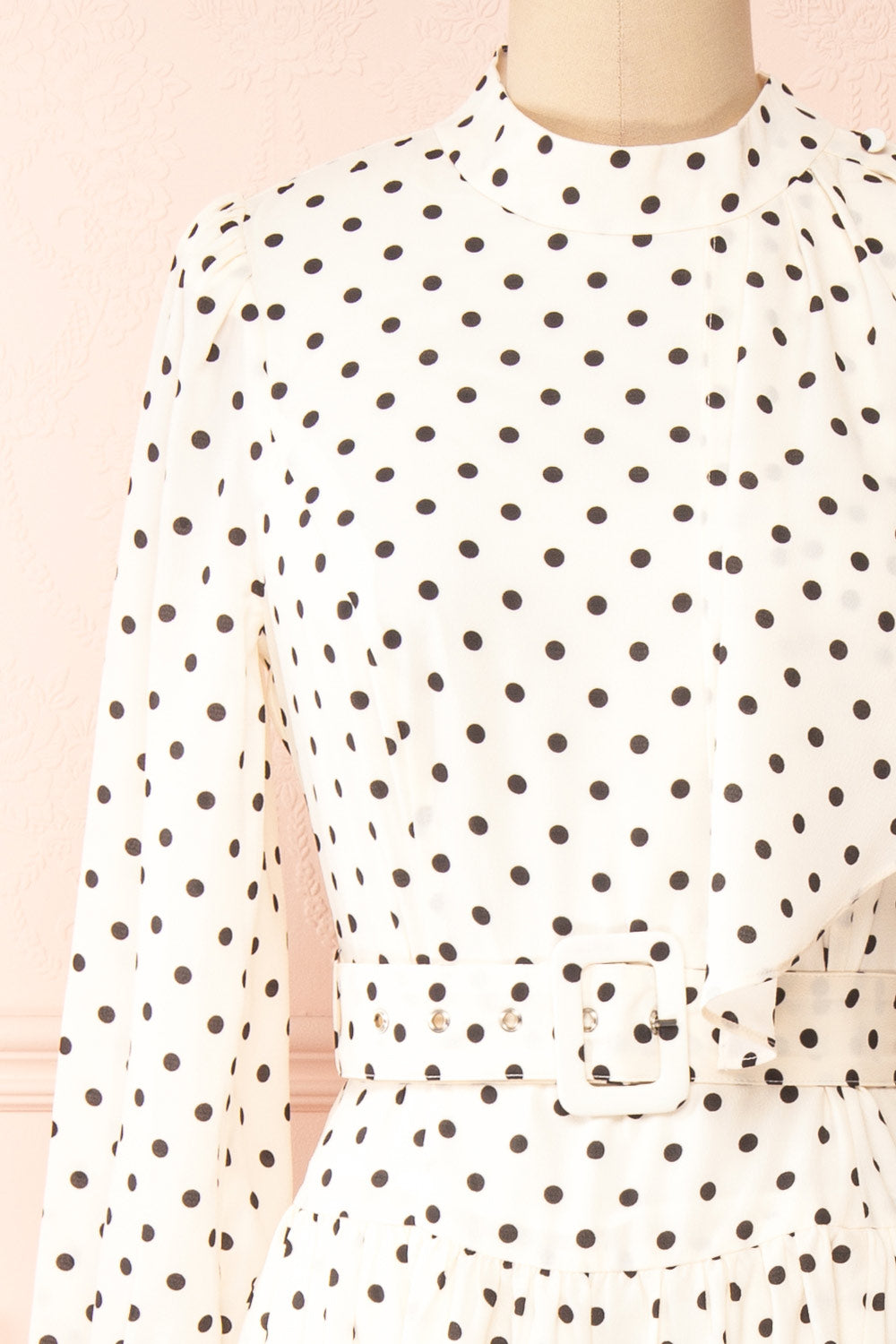 Nordis Belted Polka-Dot Midi Dress | La petite garçonne front close-up side view
