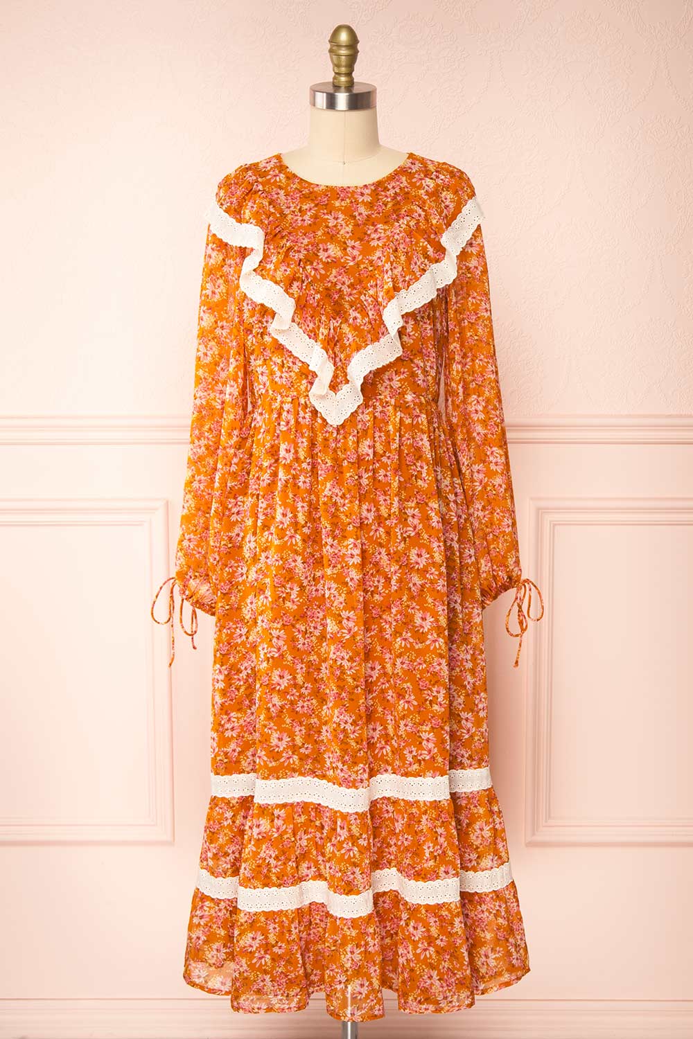 Normandine Floral Midi Dress w/ Long Sleeves and Lace | Boutique 1861 front view