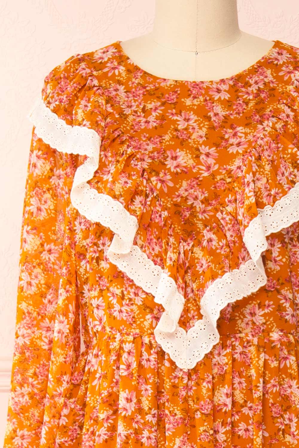 Normandine Floral Midi Dress w/ Long Sleeves and Lace | Boutique 1861 front close-up